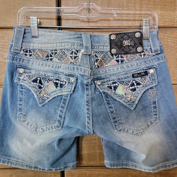 MISS ME LOW RISE SHORTS BLUE JEAN DENIM W/RHINESTONES & HOLOGRAPHIC POCKETS SIZE - Picture 3 of 13
